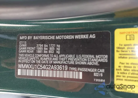 2016 Mini Hardtop Cooper z USA, uszkodzony, nr VIN WMWXU1C54G2A93619